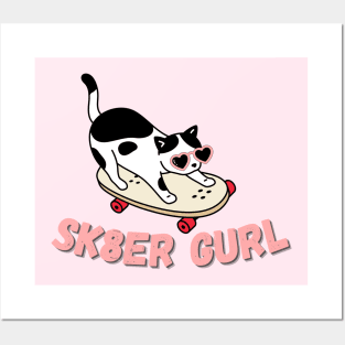 Black and White Cat on a Skateboard - Silly Sk8r Gurl Design Posters and Art